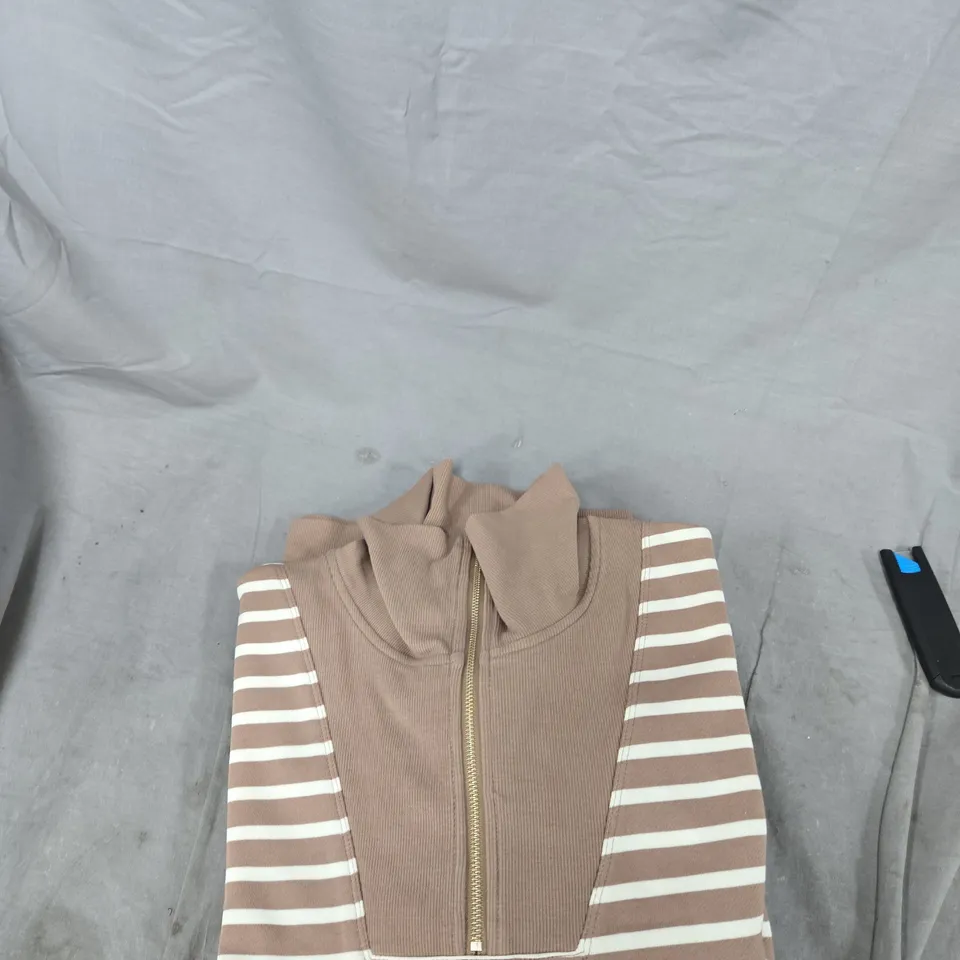 UK 2XL RUTH LANGSFORD STRIPED KNIT ZIP-FRONT TOP – BROWN & WHITE
