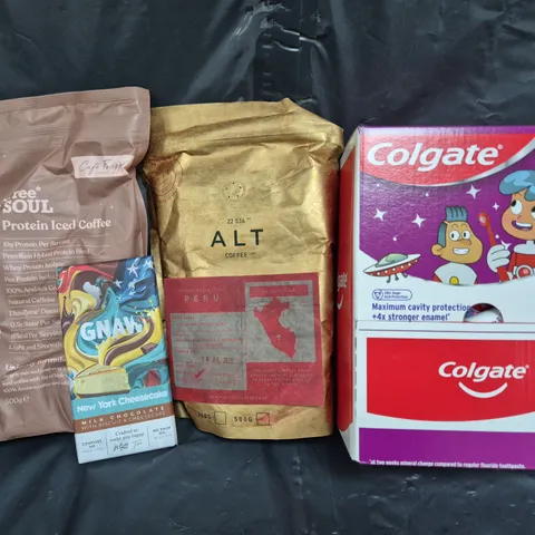 APPROXIMATELY 5 ASSORTED ITEMS GNAW NEW YORK CHEESECAKE MILK CHOCOLATE, COLGATE KIDS TOOTHPASTE, ETC