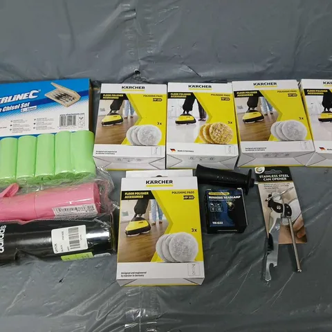 APPROXIMATELY 10 ASSORTED HOUSEHOLD ITEMS TO INCLUDE - SILVERLINE CHISEL SET, KARCHER POLISHING SET, AND CAN OPENER ETC. 