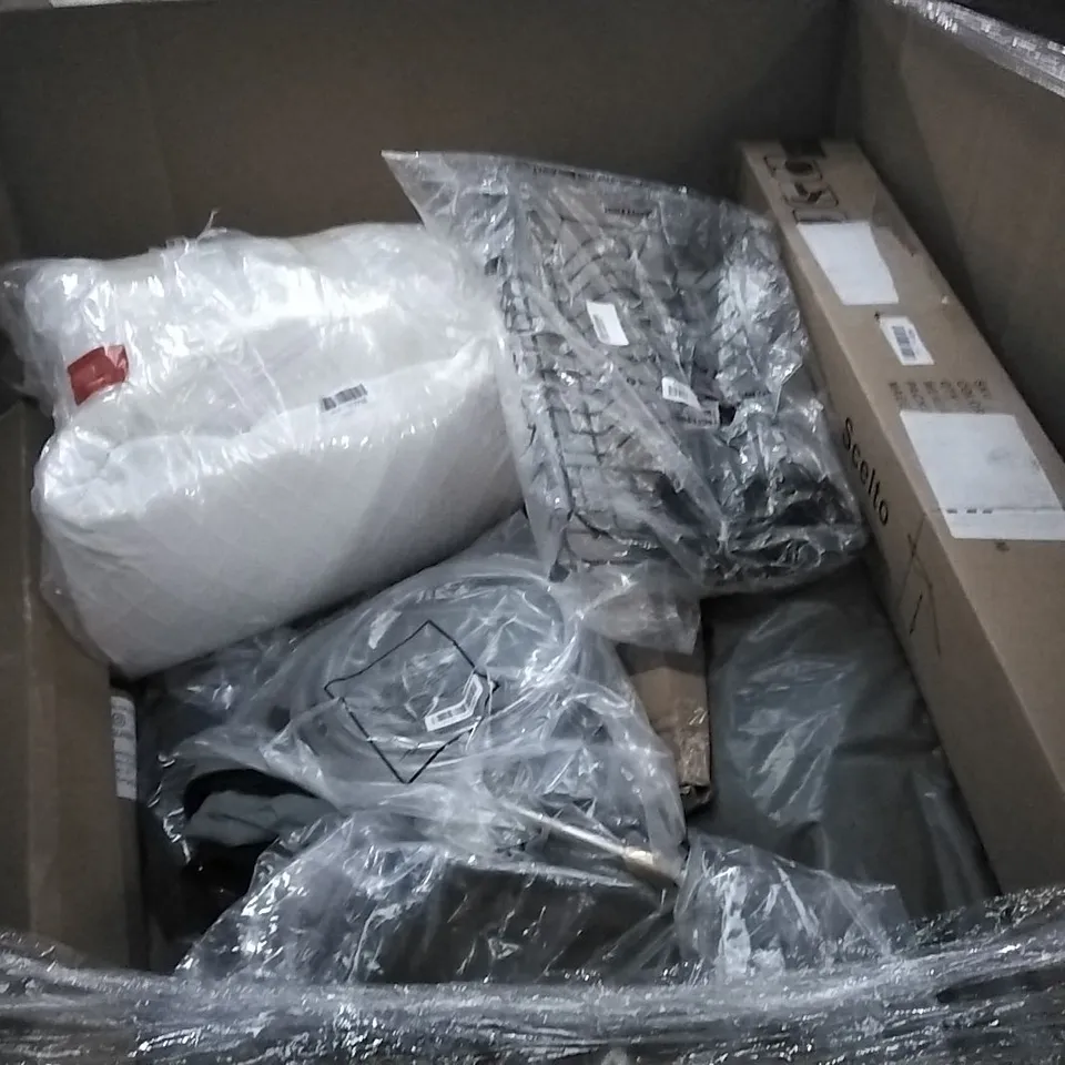 PALLET OF ASSORTED ITEMS INCLUDING NEEWER RING LIGHT, DRYZEM RETRACT-A-LINE, CURTAIN ROD, RETRACTABLE SAFETY GATE, MINI MAX PET BACKPACK, SCELTO GARDEN PARASOL  