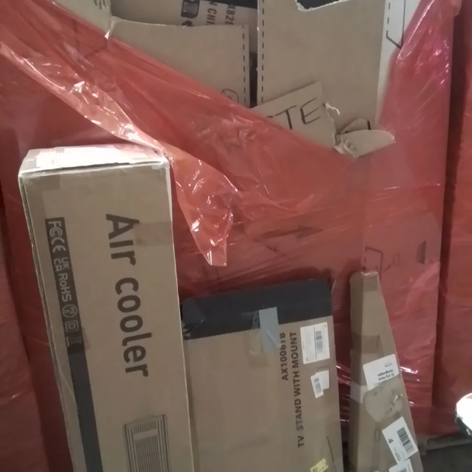 PALLET OF ASSORTED HOUSEHOLD GOODS AND PRODUCTS TO INCLUDE;AIR COOLER,TV STAND,HEDGE TRIMMER