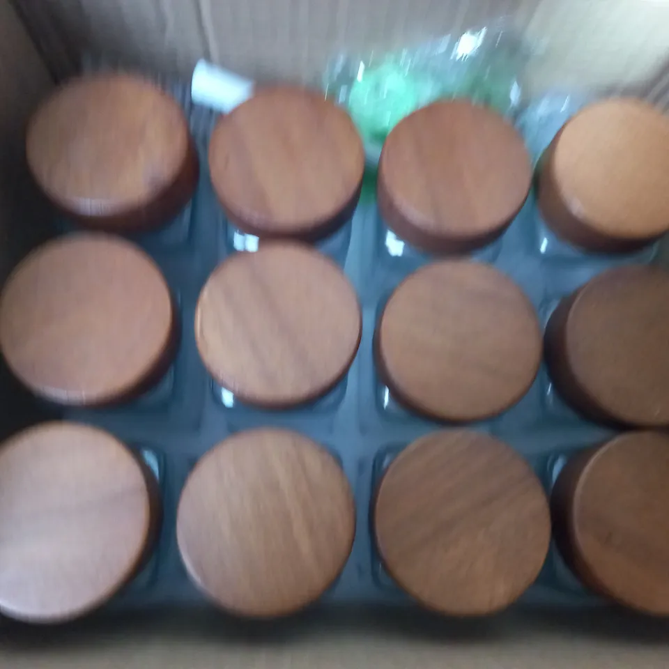BOX 12 ACACIA WOODEN LID GLASS SPICE JARS - 120ML