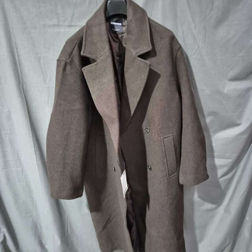 BERSHKA BROWN WOOL-BLEND OVERCOAT, LONG COAT, EU L