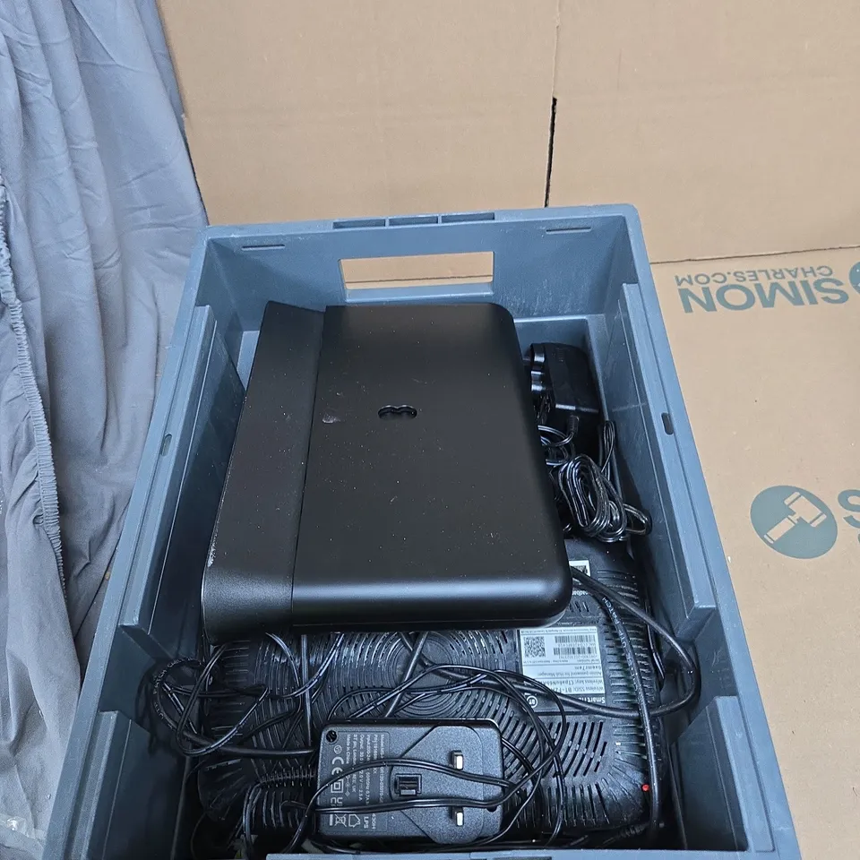 TOTE OF APPROXIMATELY 12 ASSORTED ITEMS TO INCLUDE: ZEBRA SCANNER