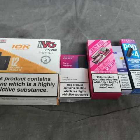 APPROXIMATELY 15 ASSORTED E-CIGARETTE AND VAPE PRODUCTS TO INCLUDE IVG, ELFBAR, JUUL2 ETC 