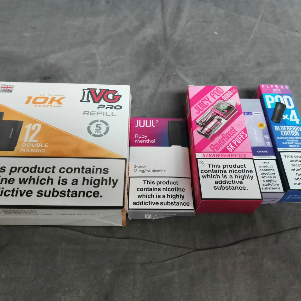 APPROXIMATELY 15 ASSORTED E-CIGARETTE AND VAPE PRODUCTS TO INCLUDE IVG, ELFBAR, JUUL2 ETC 