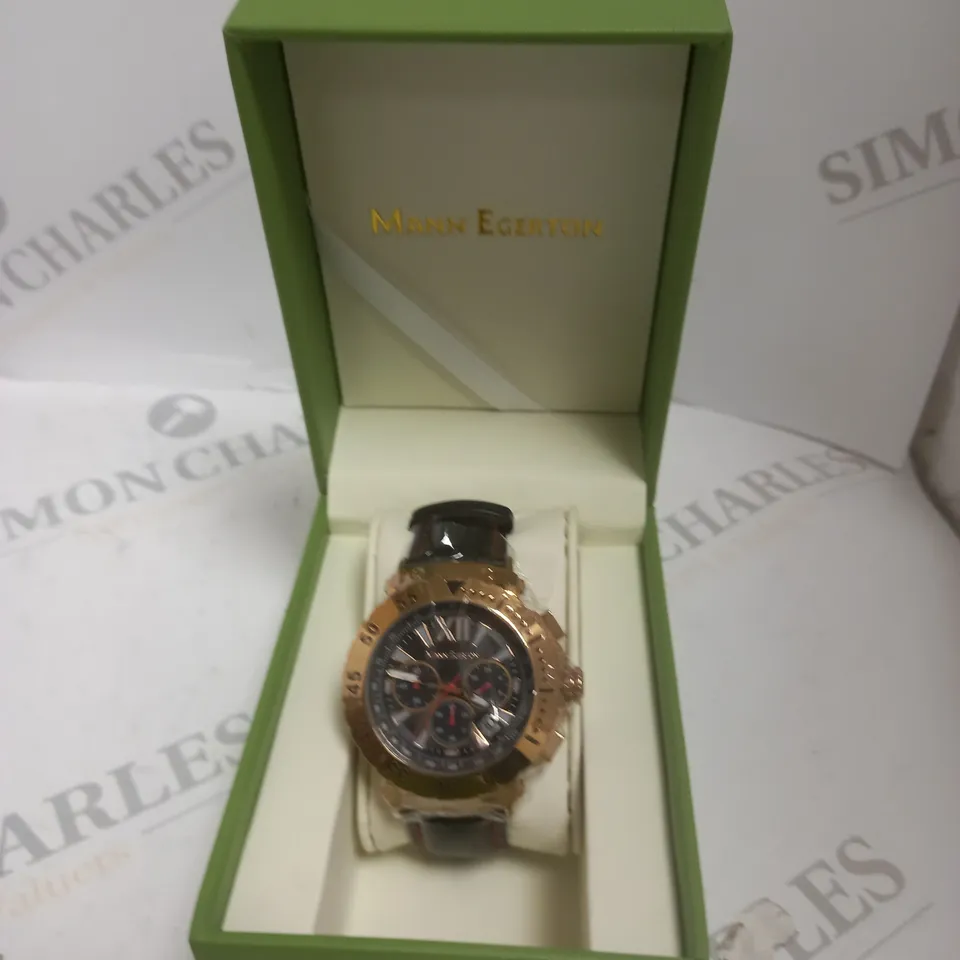 BOXED MANN EGERTON DIMENSIONS ROSE BLACK STRAP WATCH