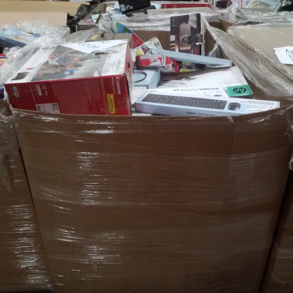 PALLET CONTAINING ASSORTED ELECTRICAL RETURNS INCLUDING HP PRINTER, CANON PIXMA PRINTER, BLUETOOTH BOOMBOX, UNIVERSAL TV WALL MOUNT & KEYBOARD