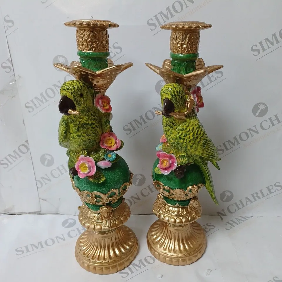 BOXED ALISON CORK SET OF 2 PARROT CANDLE STICKS IN GREEN 