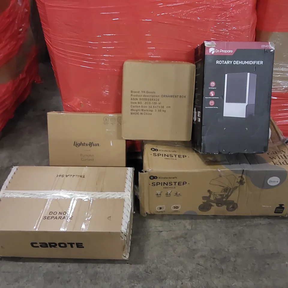 PALLET OF ASSORTED ITEMS INCLUDING: DEHUMIDIFIER, PRAM, ORNAMENT BOX, POTS AND PANS, PUMPKIN LIGHT