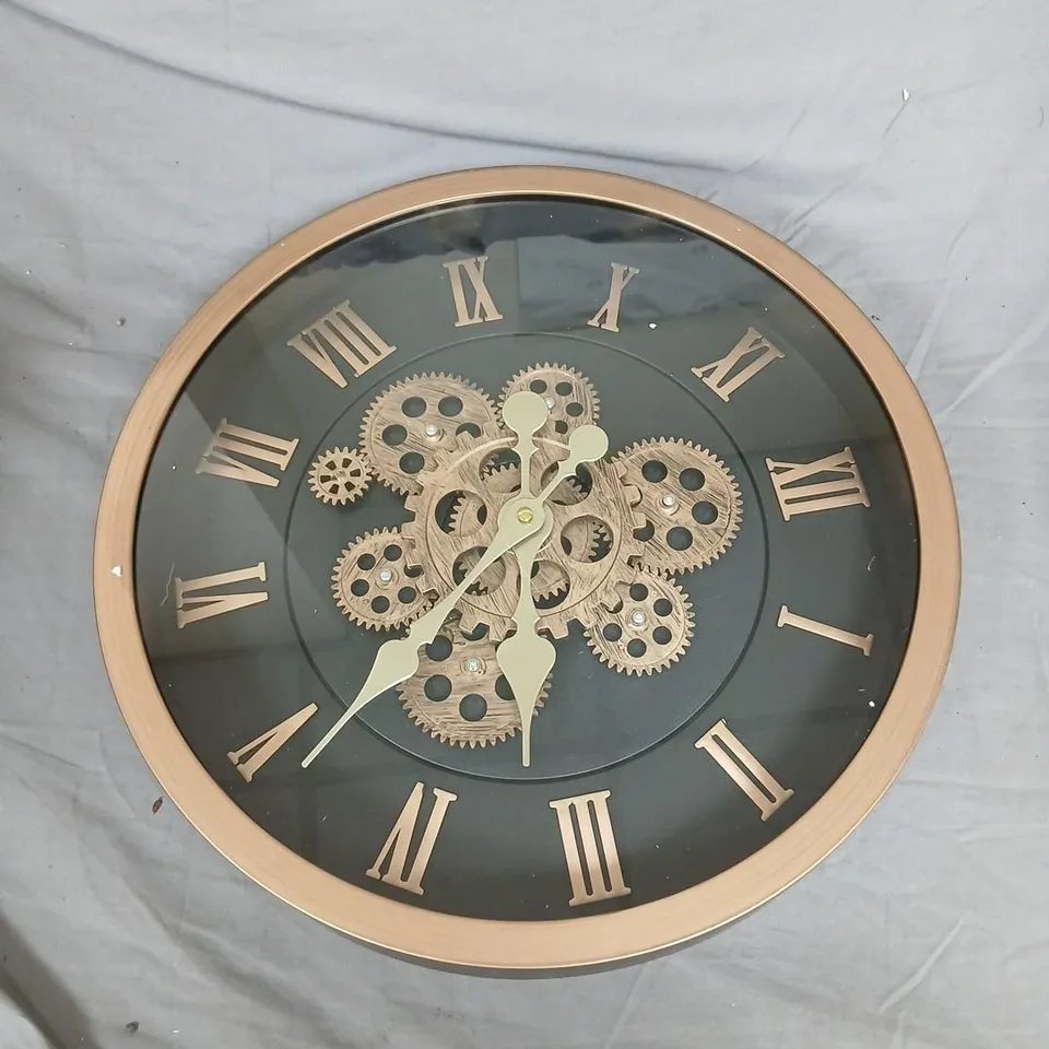 ROUND WALL CLOCK WITH EXPOSED GEAR MECHANISM – ROSE-GOLD FRAME