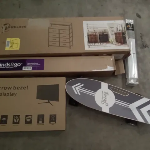 PALLET OF ASSORTED ITEMS INCLUDING NARROW BEZEL LED DISPLAY, TKING SKATEBOARD, TAIYUHOMES DAY AND NIGHT ROLLER BLINDS, WARM&LOVE CHEST OF DRAWERS, WHITE CONVECTOR HEATER, ENYAA SPIN MOP