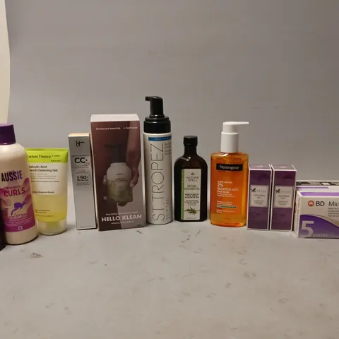 APPROXIMATELY 20 ASSORTED COSMETIC PRODUCTS TO INCLUDE JOJOBA OIL, NATURAL ROSEMARY OIL, AND HELLO KLEAN WASH ETC.