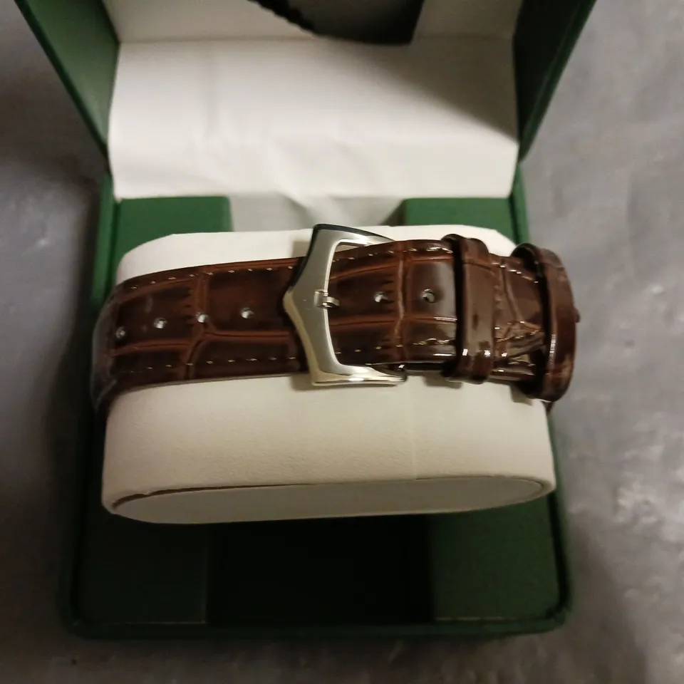 FRANK SCHMIDT GREEN DIAL GENTS WATCH WITH STAINLESS STEEL BACK CASE AND BROWN LEATHER STRAP IN BOX