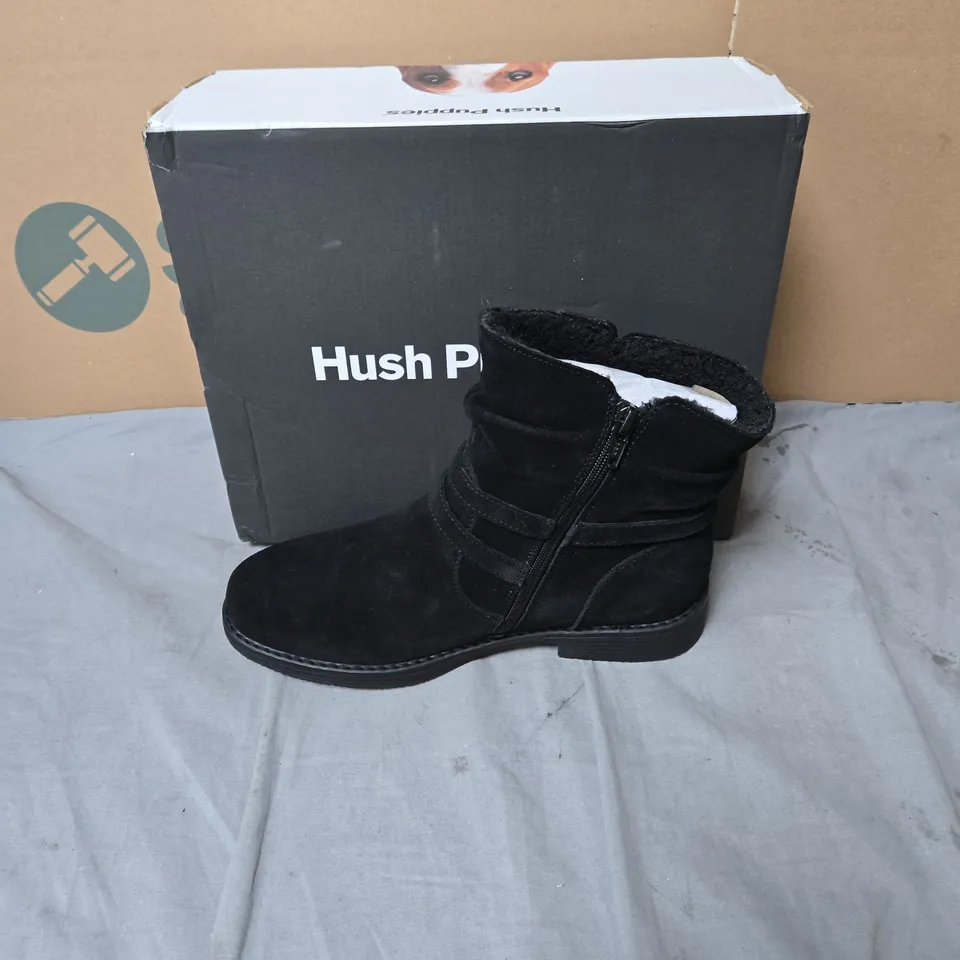 HUSH PUPPIES BLACK SUEDE ANKLE BOOT WITH ZIP AND BUCKLE – BOXED- SIZE 7 