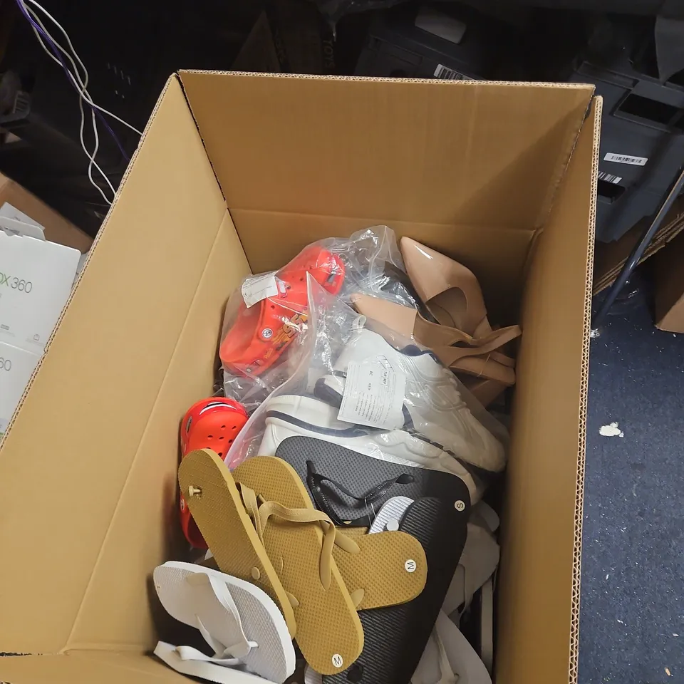 BOX OF APPROXIMATELY 60 ITEMS ASSORTED FOOTWEAR – SANDALS, SNEAKERS & HEELS VARIOUS SIZES.