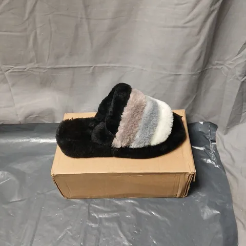 WOMEN'S FAUX FUR STRIPED SLIP-ON SLIPPERS – BLACK WITH CREAM, GREY & BROWN STRAPS. SIZE EU36