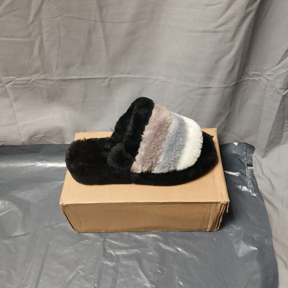 WOMEN'S FAUX FUR STRIPED SLIP-ON SLIPPERS – BLACK WITH CREAM, GREY & BROWN STRAPS. SIZE EU36