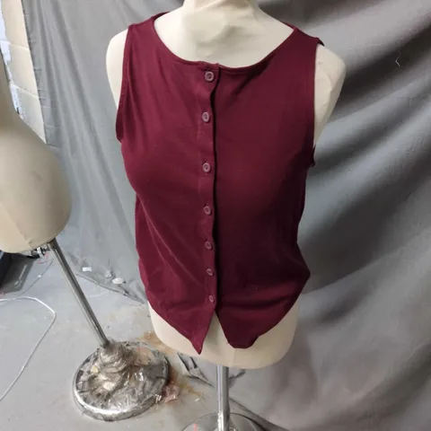 NEW LOOK WOMEN'S BURGUNDY SLEEVELESS KNIT TOP – BUTTON-FRONT, UK 12