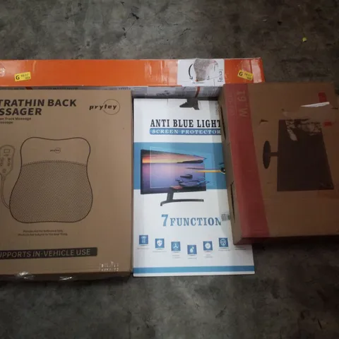 PALLET CONTAINING ASSORTED PRODUCTS INCLUDING BACK MASSAGER, ANTI BLUE LIGHT SCREEN PROTECTOR, 19" LED MONITOR, RETRACTABLE SAFETY GATE & AIR FRYER