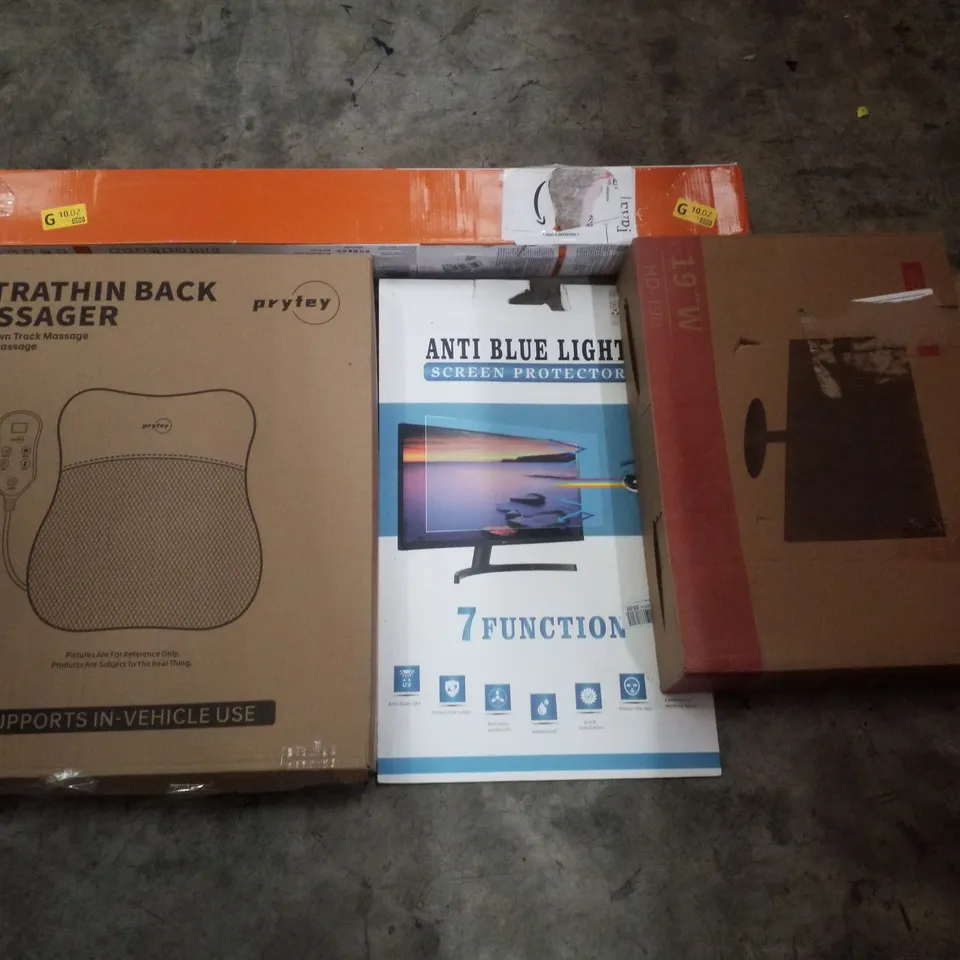 PALLET CONTAINING ASSORTED PRODUCTS INCLUDING BACK MASSAGER, ANTI BLUE LIGHT SCREEN PROTECTOR, 19" LED MONITOR, RETRACTABLE SAFETY GATE & AIR FRYER