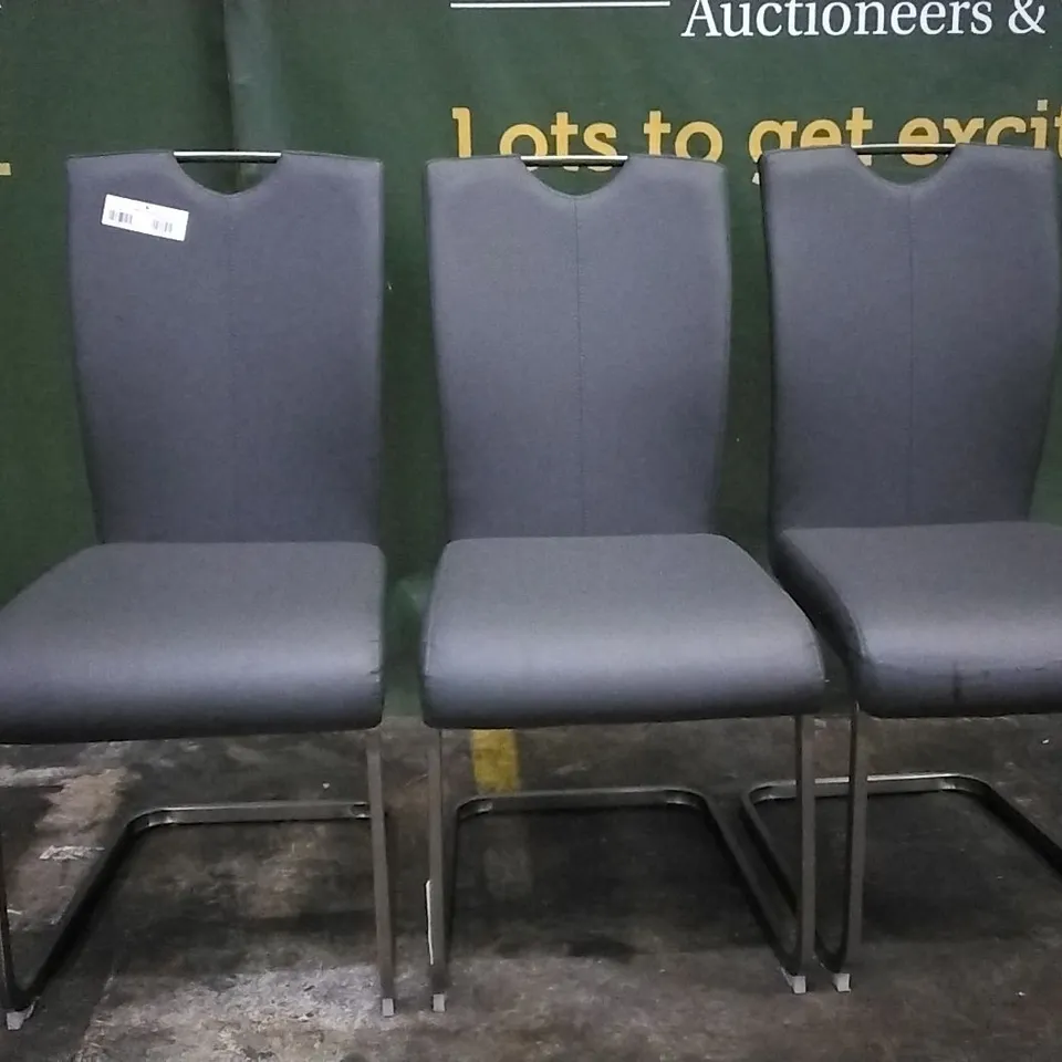DESIGNER SET OF 3 CHARCOAL GREY FAUX LEATHER DINING CHAIRS WITH CHROME LEGS