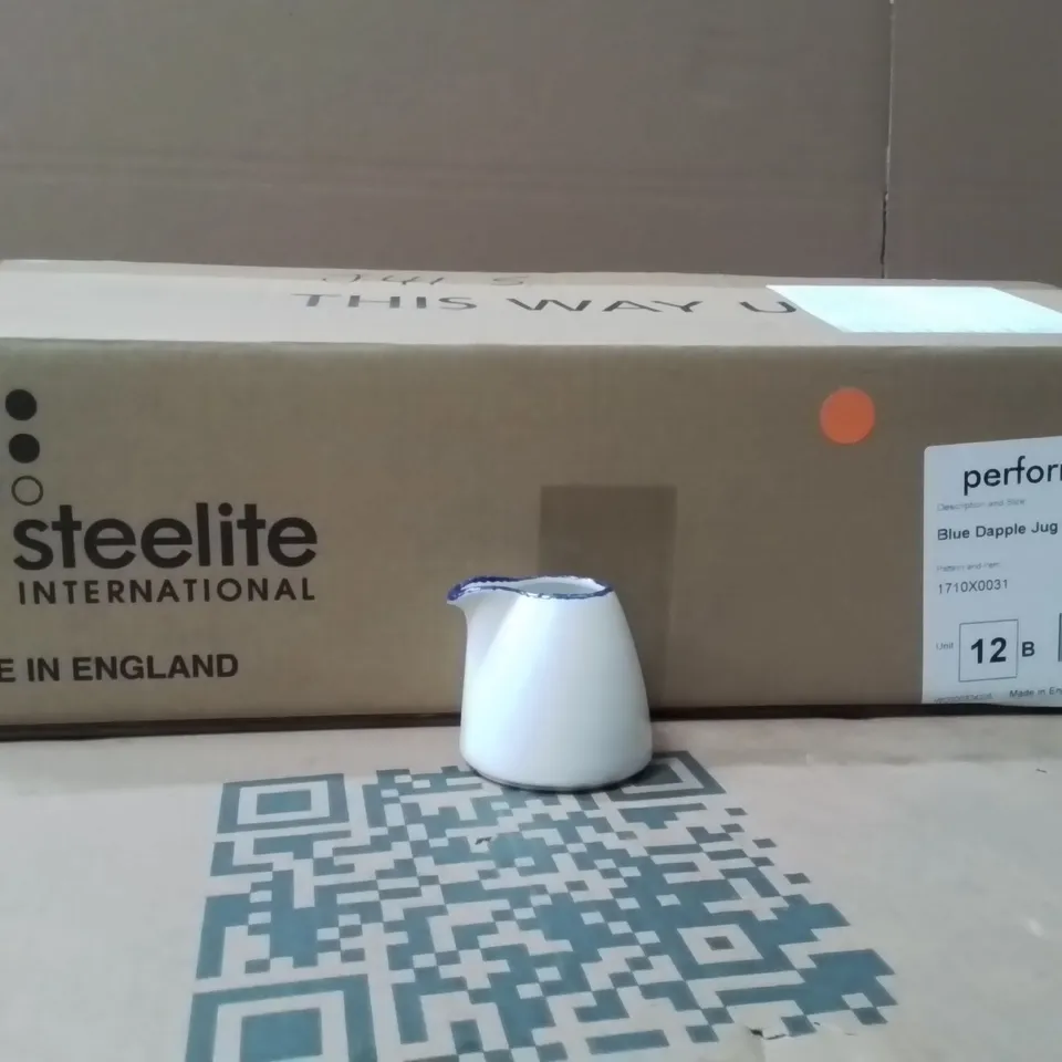 BOXED STEELITE BLUE DAPPLE MILK JUG 8.5CL APPROXIMATELY 12