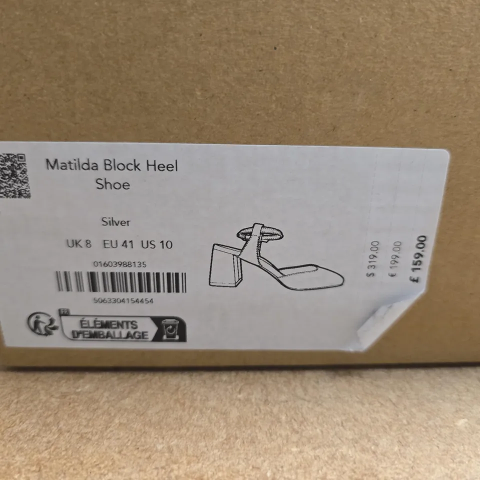 BOXED PAIR OF WHISTLES MATILDA BLOCK HEEL SHOE - SILVER METALLIC, UK 8 