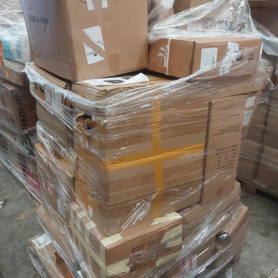 PALLET CONTAINING VARIOUS ASSORTED BOXED ITEMS TO INCLUDE,  PORTABLE TROLLY RACKS, SEVERAL KIDS BICYCLES, LARGE FILLABLE UMBRELLA BASE, AND LOTS MORE