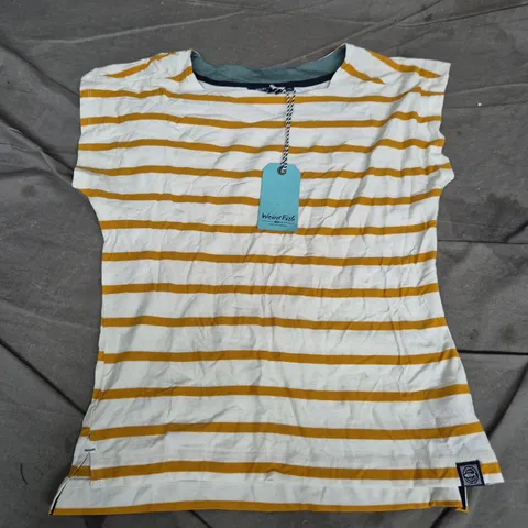 UK 12 WEIRD FISH STRIPED JERSEY TOP – WHITE & MUSTARD
