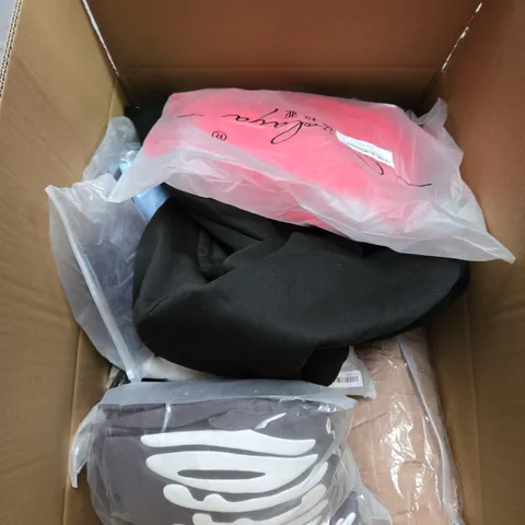 LARGE BOX OF ASSORTED CLOTHING ITEMS IN VARIOUS SIZES, STYLES AND COLOUR 