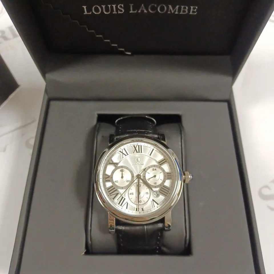 LOUIS LACOMBE CHRONOGRAPH ROMAN NUMERAL WAVE TRIPLE DIAL BLACK LEATHER STRAP WRISTWATCH