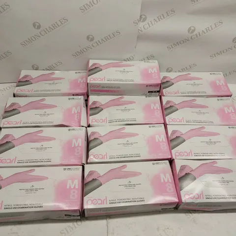 BOX OF APPROXIMATELY 13X 100PCS BRAND NEW UNIGLOVES PINK PEARL DISPOSABLE NITRILE GLOVES (SIZE MEDIUM)