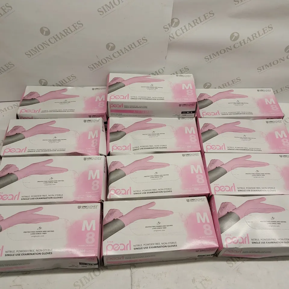 BOX OF APPROXIMATELY 13X 100PCS BRAND NEW UNIGLOVES PINK PEARL DISPOSABLE NITRILE GLOVES (SIZE MEDIUM)