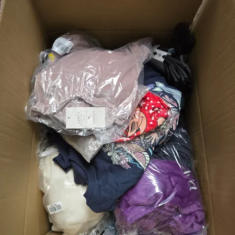 LARGE BOX OF ASSORTED CLOTHING ITEMS IN VARIOUS SIZES, STYLES AND COLOUR 