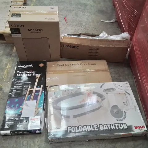 PALLET CONTAINING ASSORTED PRODUCTS INCLUDING: COWAY AIR PURIFIER, POOL CUE FLOOR STAND, FOLDABLE BATH TUB, TABLETOP EASEL, DRYING RACK ECT