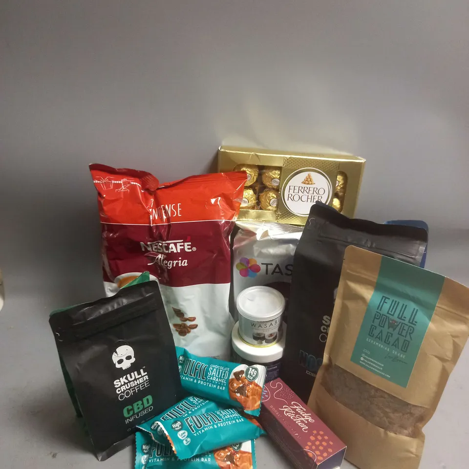 TOTE OF APPROX 20 ASSORTED FOOD ITEMS TO INCLUDE - SKULLCRUSHER COFFEE NOOTROPHIC - CLEARSPRING WASABI POWDER - FULFIL SALTED CARAMEL PROTEIN BARS ETC