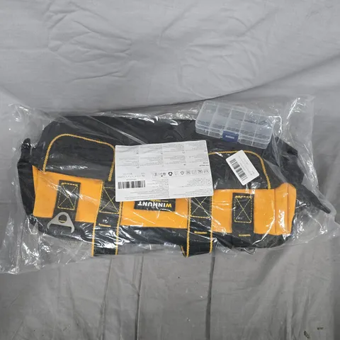 Tool bag with yellow straps and small organizer case