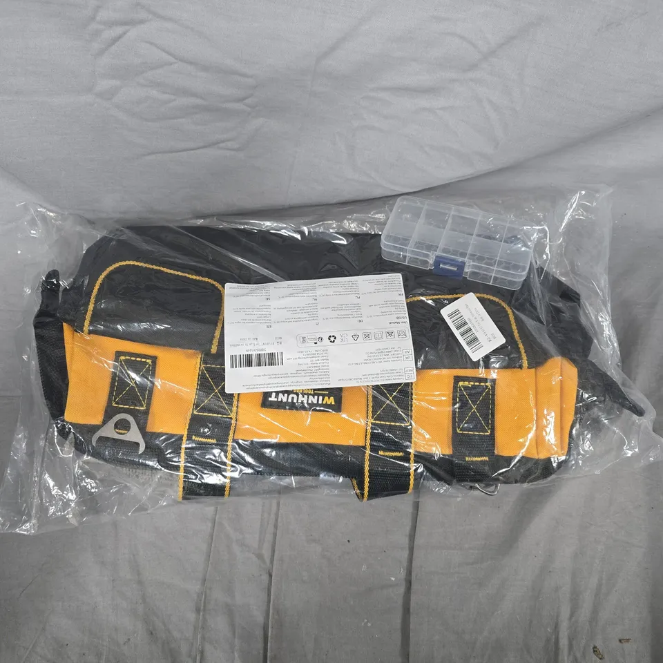 Tool bag with yellow straps and small organizer case