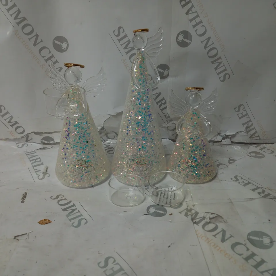 BOXED HOME REFLECTIONS SET OF 3 PRE-LIT GLASS ANGEL CANDLE HOLDERS