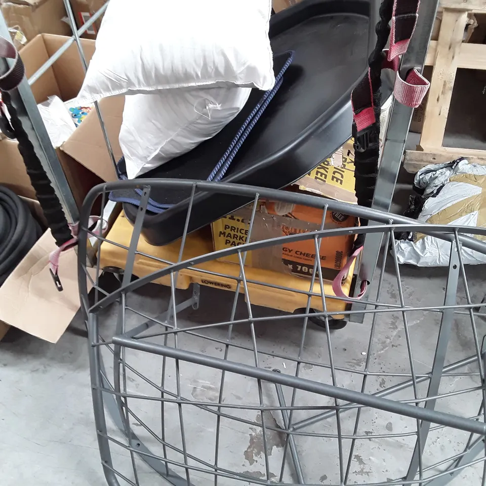 CAGE OF ASSORTED ITEMS TO INCLUDE BUSH SOUND SYSTEM, METAL EMBOSSING LETTERS, CHAIR FRAME PARTS AND CUSHIONS
