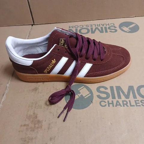 ADIDAS SPEZIAL SNEAKERS – BURGUNDY SUEDE, WHITE 3-STRIPES, GUM SOLE BOXED SIZE 6.5