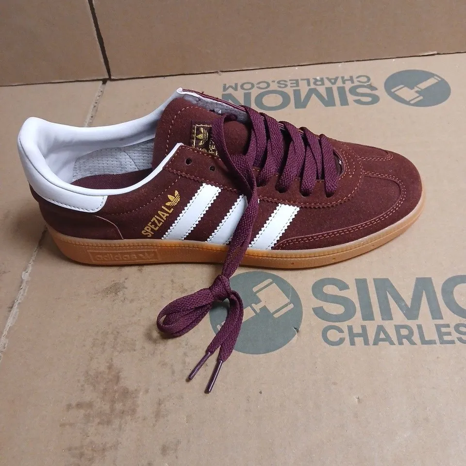 ADIDAS SPEZIAL SNEAKERS – BURGUNDY SUEDE, WHITE 3-STRIPES, GUM SOLE BOXED SIZE 6.5