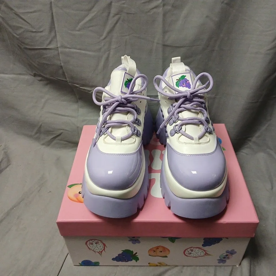 BOXED PAIR OF KOI FRUITTI TUTTI GRAPE JELLY TRAINERS IN PURPLE/WHITE SIZE UK 6