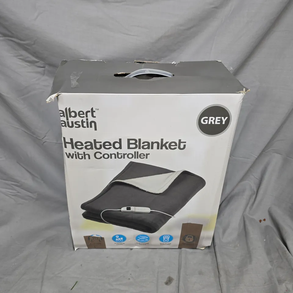 BOXED ALBERT AUSTIN HEATED BLANKET WITH CONTROLLER IN GREY