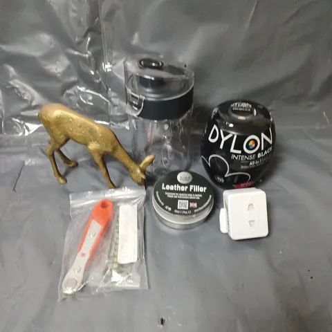 BOX OF APPROXIMATELY 20 ASSORTED HOUSEHOLD ITEMS TO INCLUDE FABRIC DYE, MINI TOOLS AND LEATHER FILLER