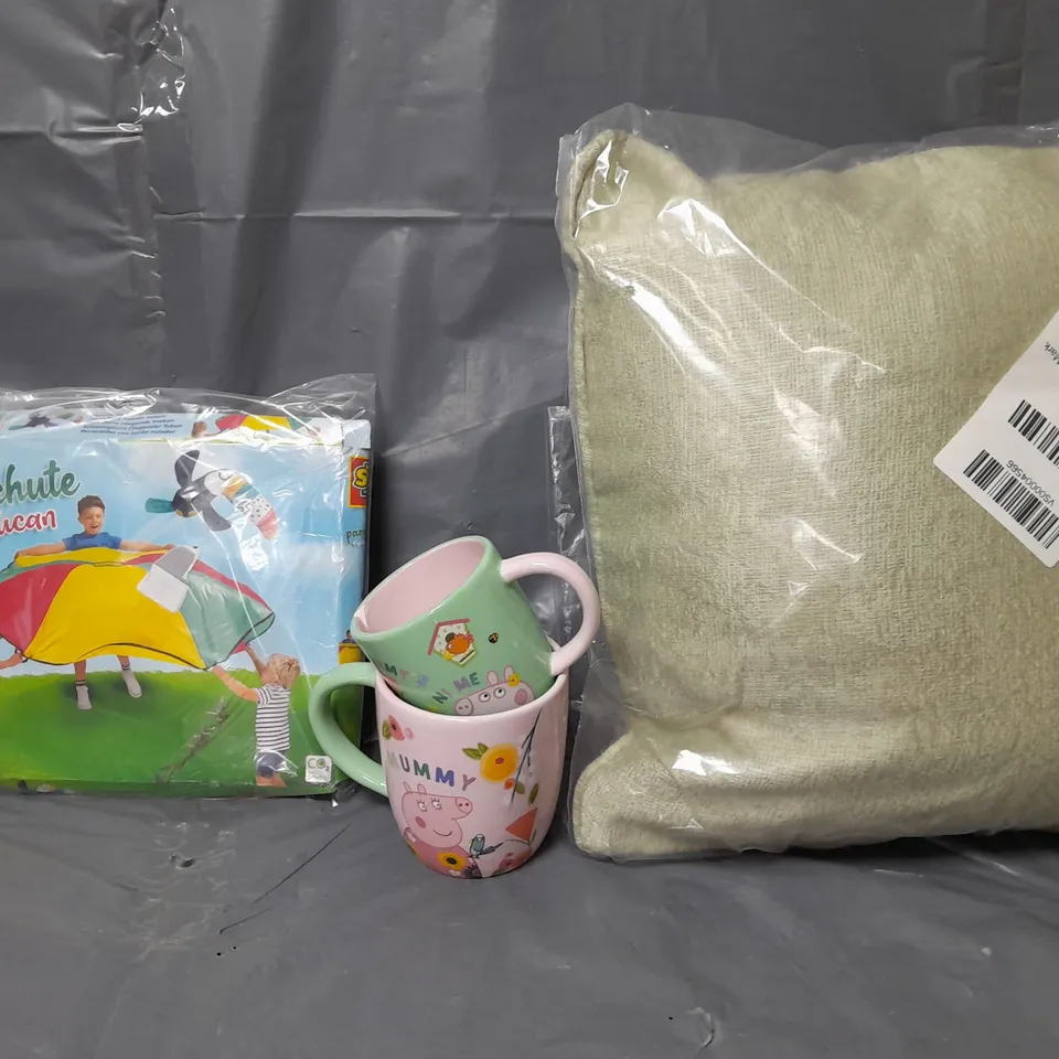 BOX OF APPROXIMATELY 5 ASSORTED ITEMS TO INCLUDE - CUSHION , PEPPA PIG MUGS , SFS PARACHUTE TUCAN ETC