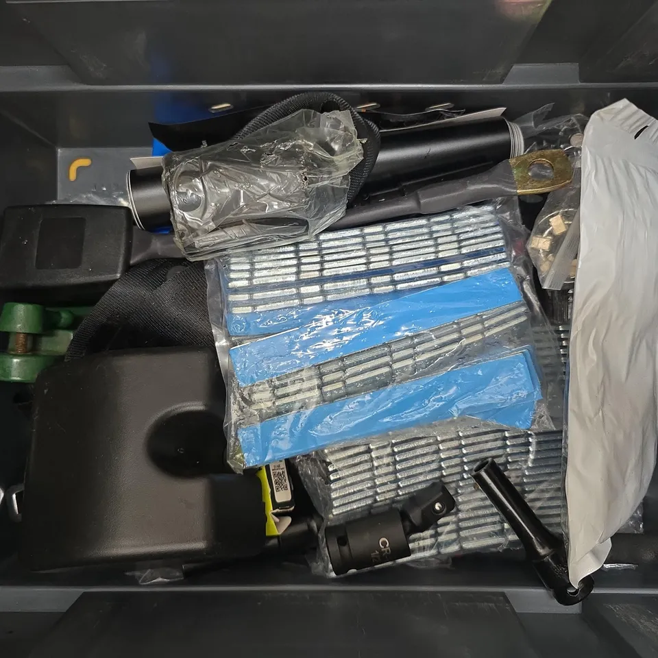 APPROXIMATELY 8 ASSORTED VEHICLE PARTS & ACCESSORIES TO INCLUDE WHEEL BALANCE WEIGHTS, SEATBELT BUCKLES, BIKE BRAKE PADS, ETC
