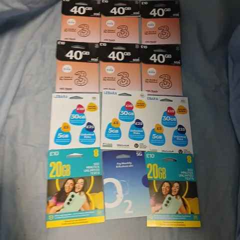 LARGE QUANTITY OF LEBARA & THREE MOBILE SIM CARDS AND DATA VOUCHERS – 40GB/30GB