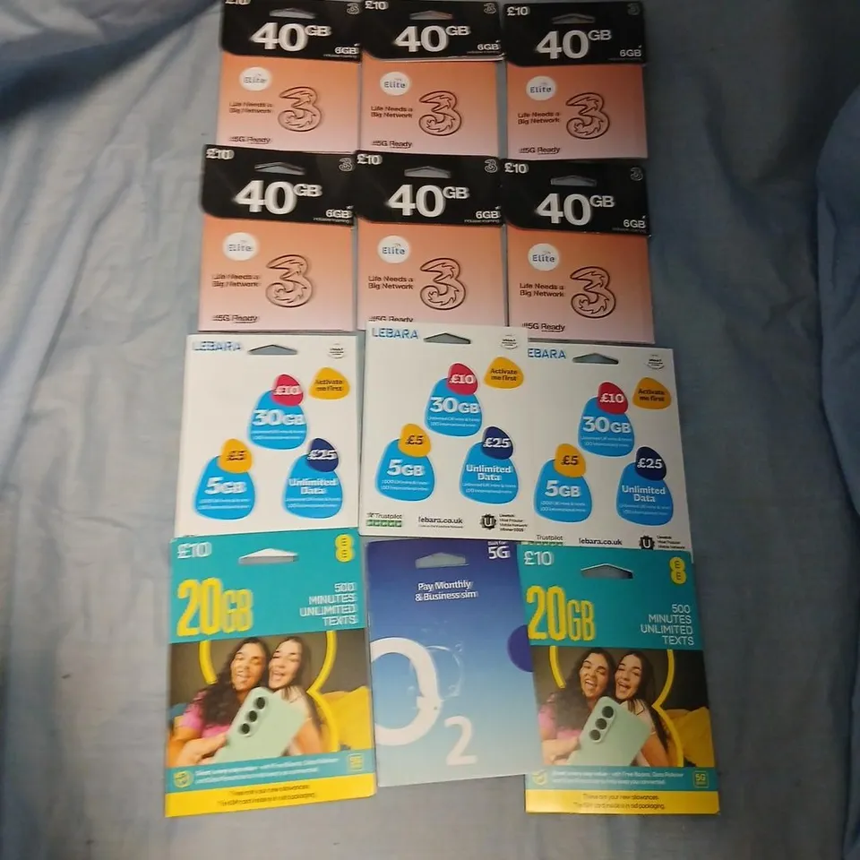 LARGE QUANTITY OF LEBARA & THREE MOBILE SIM CARDS AND DATA VOUCHERS – 40GB/30GB